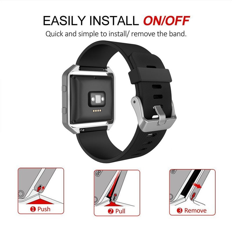 Simpeak سوار سيمبيك الرياضي متوافق مع ساعة فيتبيت بليز الذكية للياقة البدنية، سوار معصم سيليكون مع إطار معدني بديل لساعة فيتبيت بليز للرجال والنساء، كبير، أسود سوار + إطار فضي - Image 5